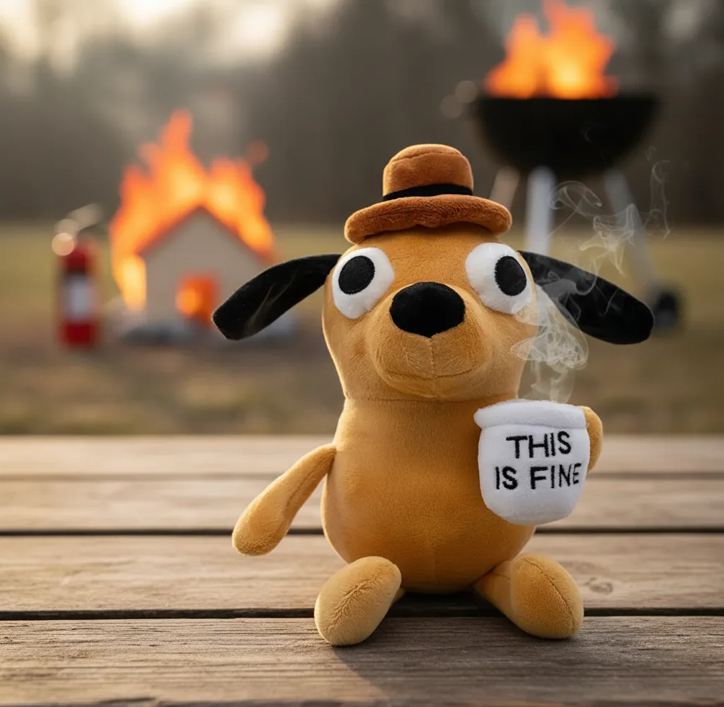 Peluche Perrito Meme Café Esto está Bien "This is Fine" Adorable 25cm
